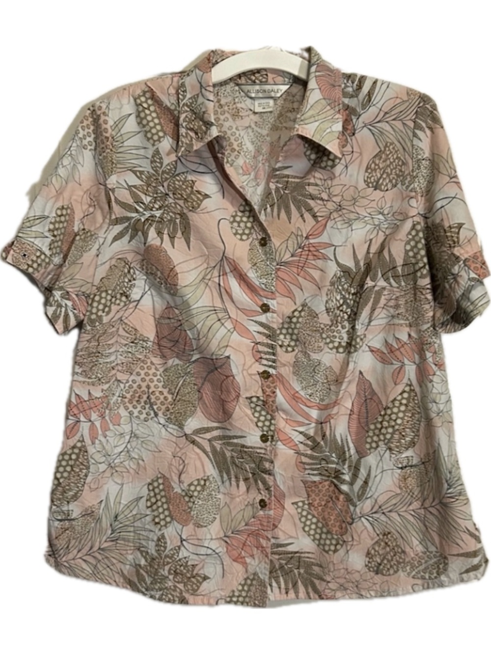 Vintage Allison Daley Floral Coastal V-Neck Top Blouse Button Down Size 14